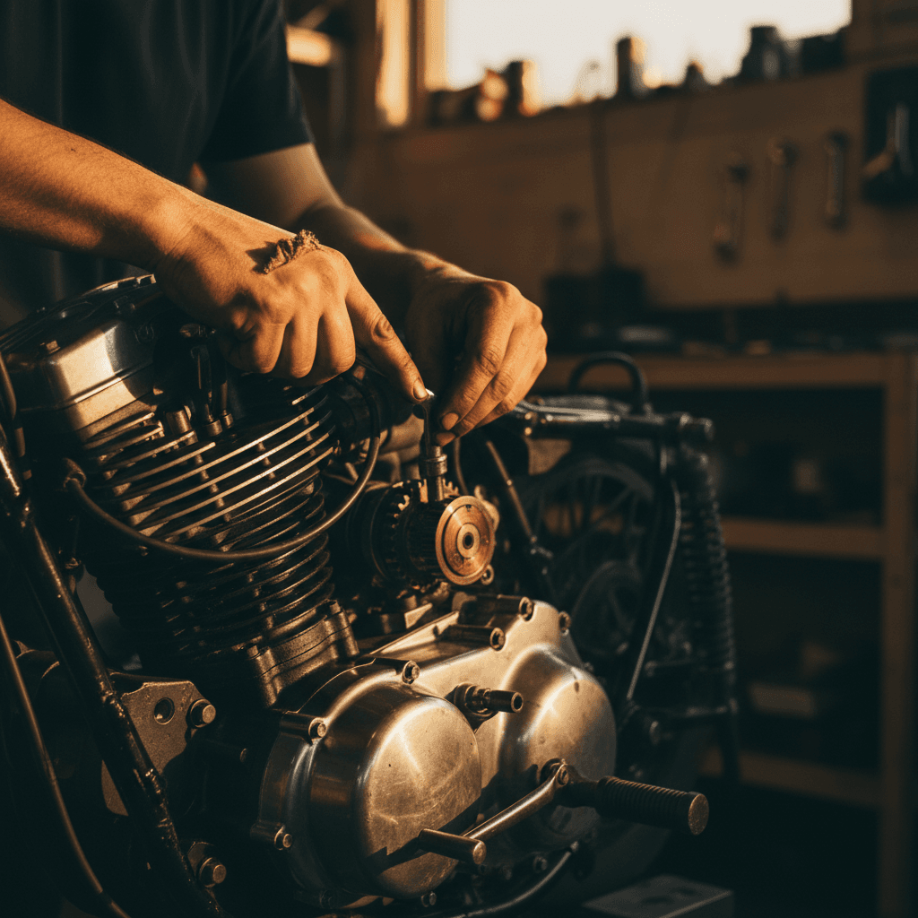 Motorcycle mechanic performing detailed engine work