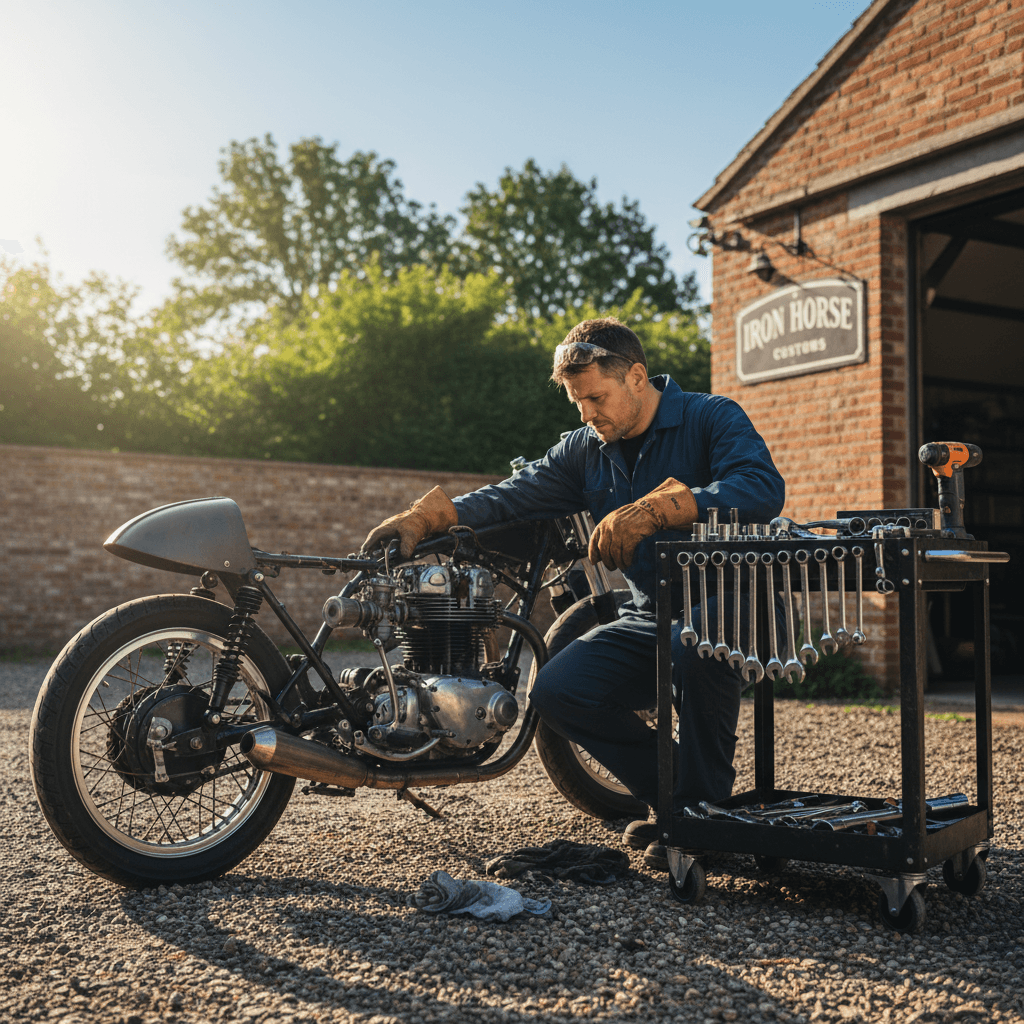 Mobile motorcycle mechanic servicing bike