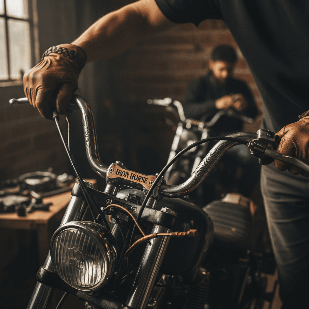 Motorcycle mechanic inspecting handlebars during service