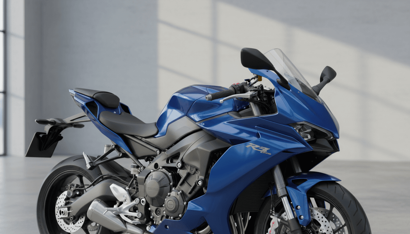 Sport motorcycle photographed at three-quarter angle in bright showroom, emphasizing sleek design and premium details